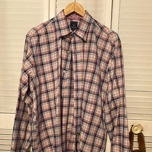 TaylorByrd long sleeve plaid red, white, and blue shirt, size L